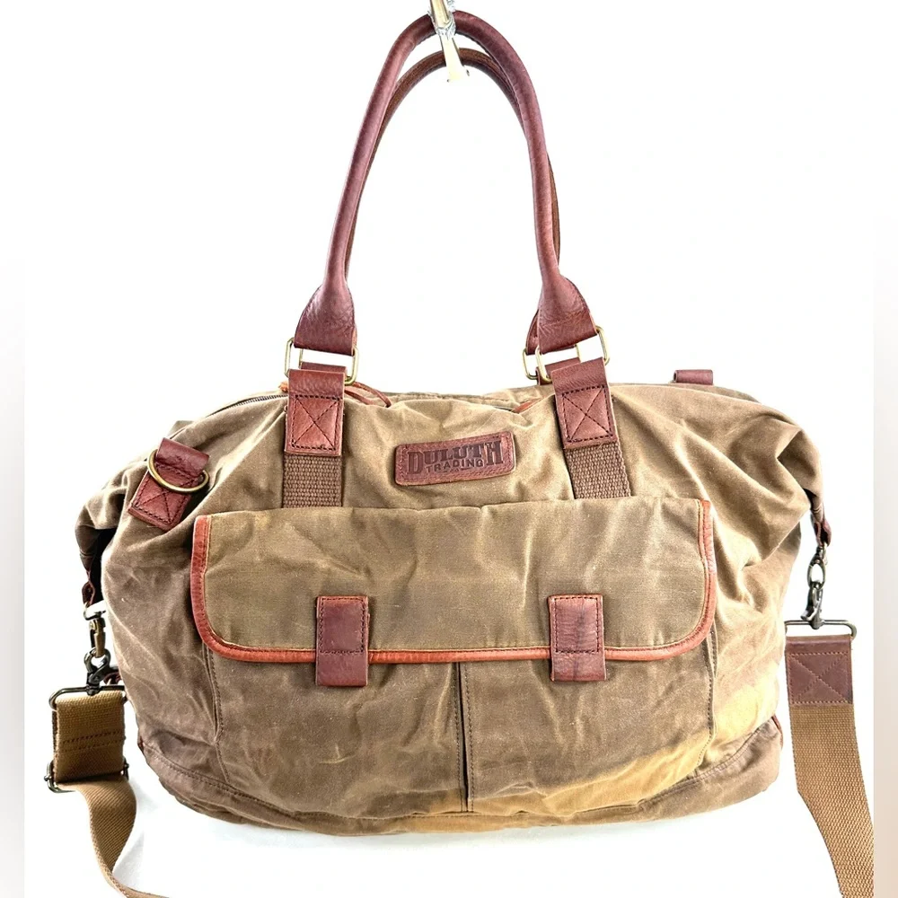 Duluth Trading Brown Cotton Canvas Large Briefcase Travel Bag Brass Leather Trim